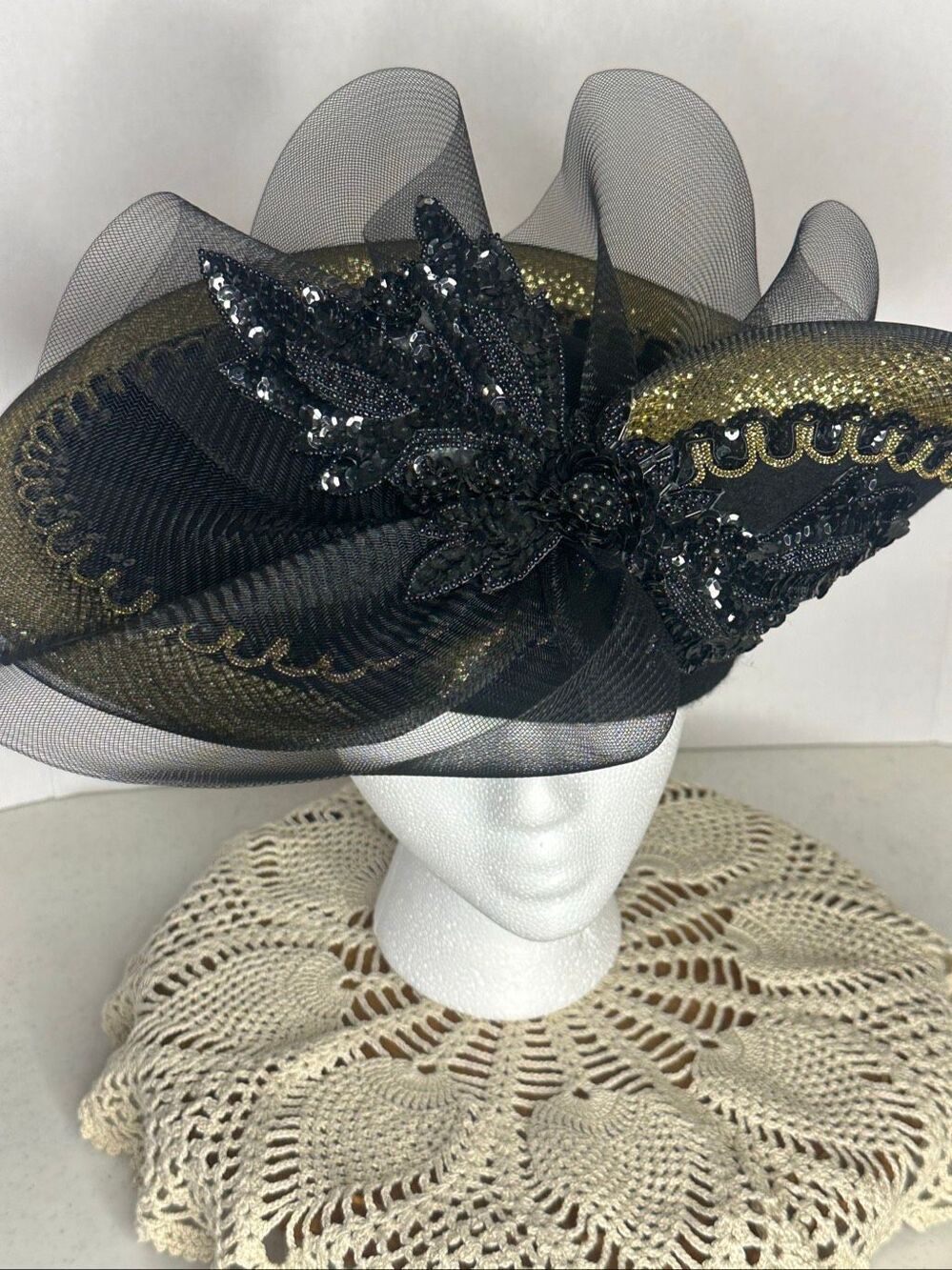Vintage Black & Gold Embellished Mesh Head Turner Glamour Hat